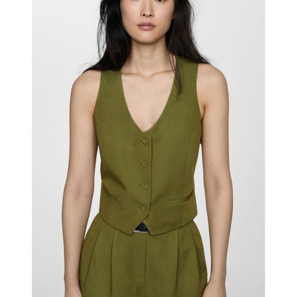 MANGO Green Cotton Linen Button Vest Womens Small - Picture 1 of 8